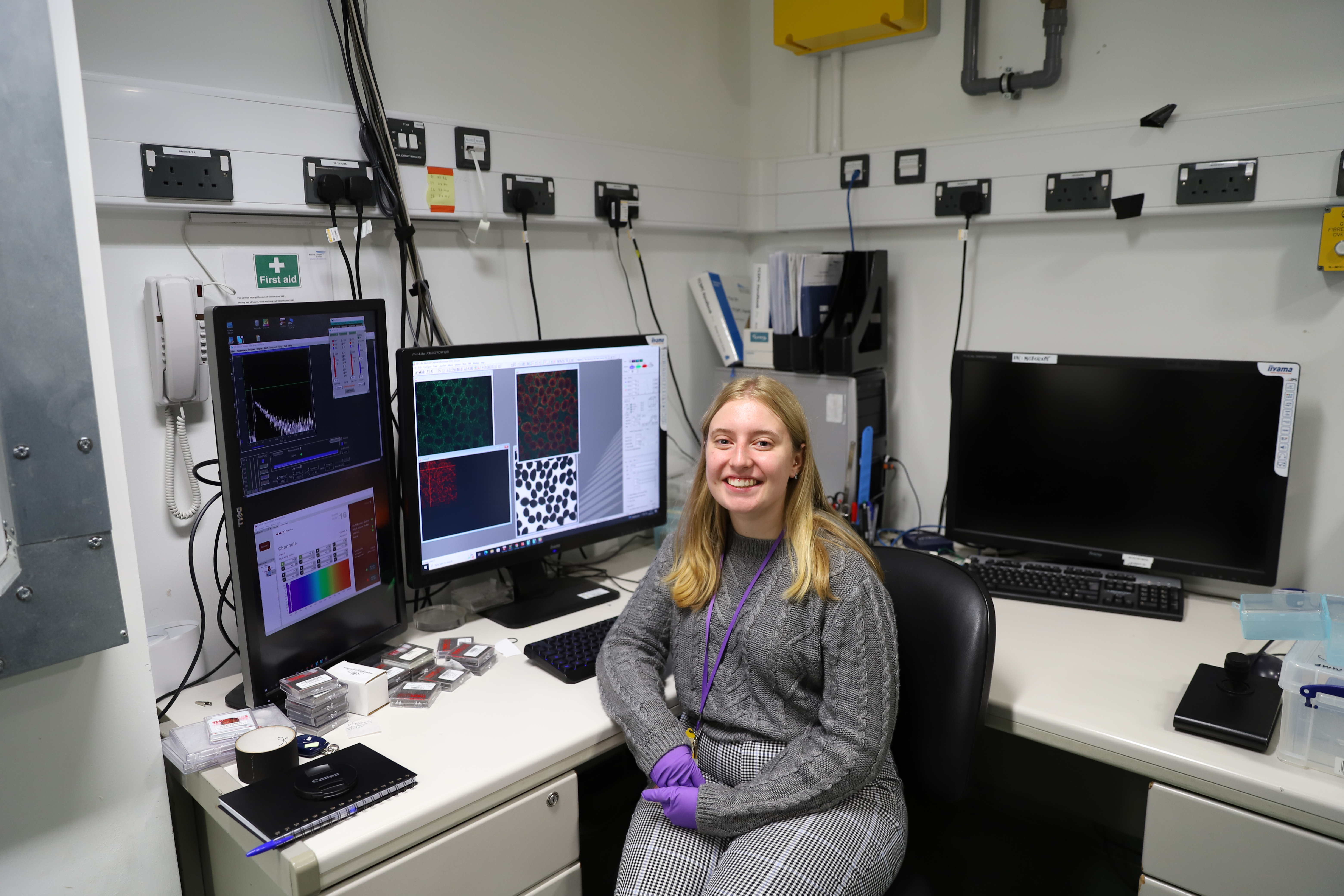 Holly sat at her lab computer displaying spectroscopy images of pollen