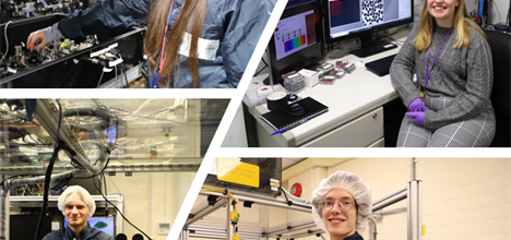 Image collage of four students working in their laser labs. 