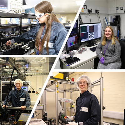 Image collage of four students working in their laser labs. 