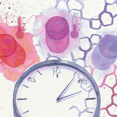 Artwork depicting a stopwatch and the heating of a material.
