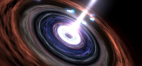 Conceptual image of a blazar: a massive many ringed disk with a bright beam of light coming from its centre.