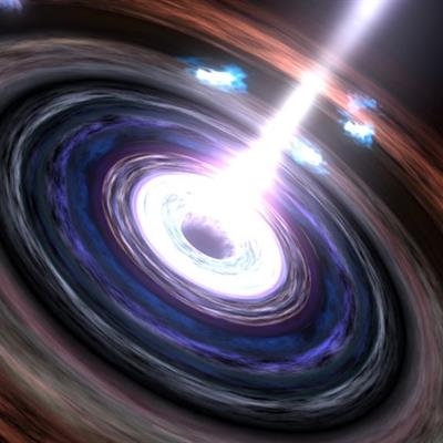 Conceptual image of a blazar: a massive many ringed disk with a bright beam of light coming from its centre.