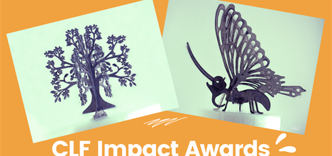 A tiny tree and butterfly, the hand-made laser target sized trophies given to the winners of the CLF impact awards