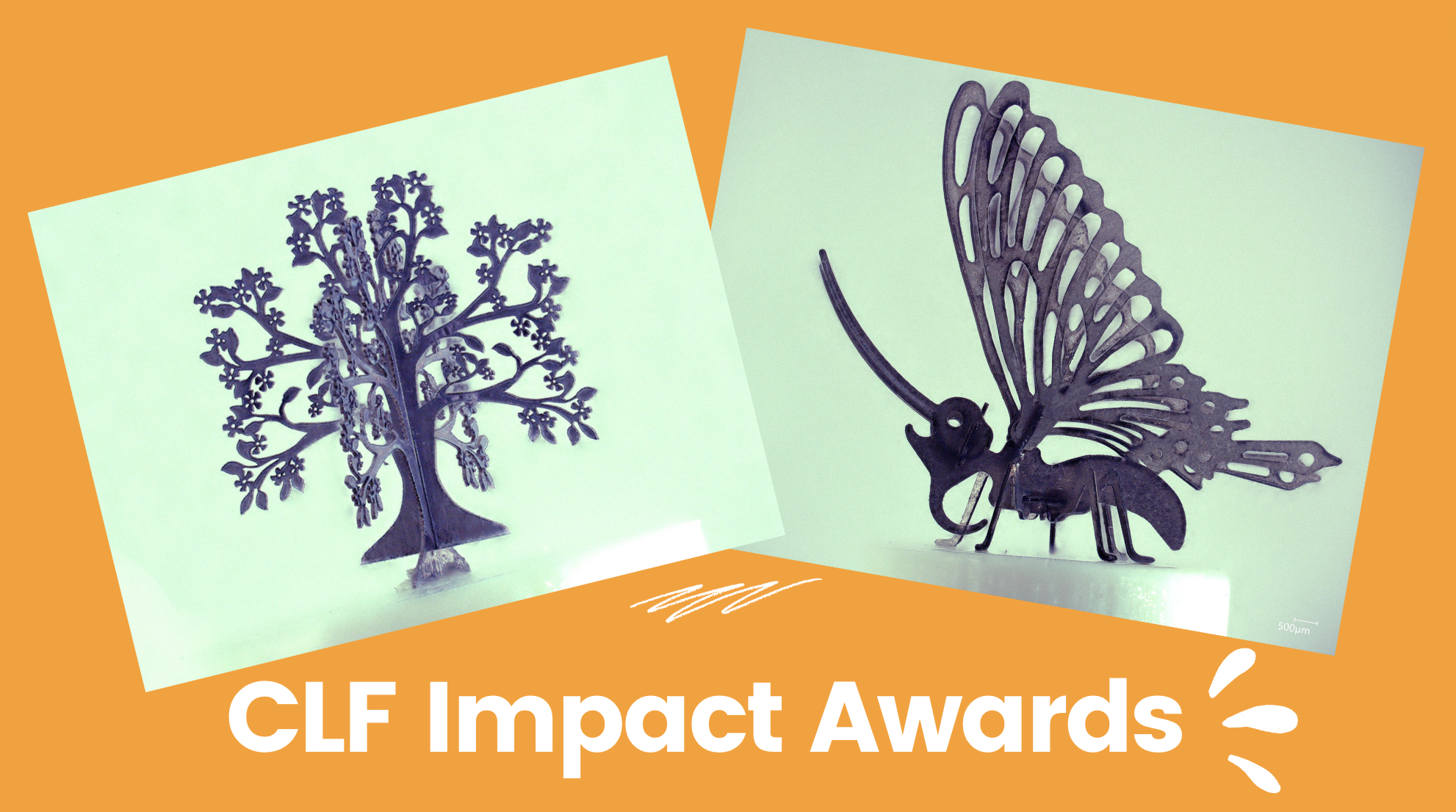 A tiny tree and butterfly, the hand-made laser target sized trophies given to the winners of the CLF impact awards
