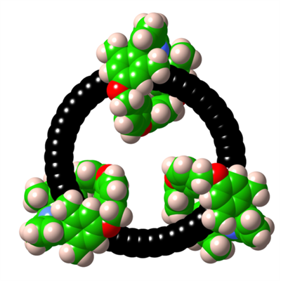 Filled-in diagram of the molecular structure of the carbon ring Oxford created.1 large black ring with three small green hoops