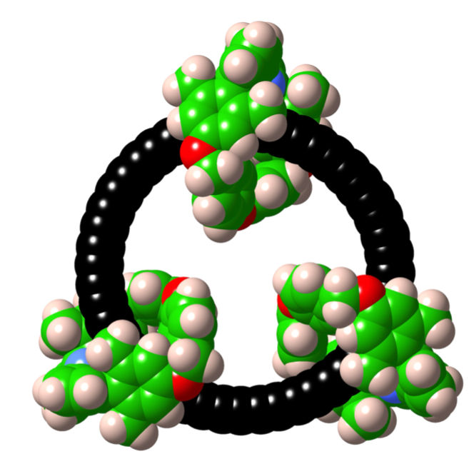 Filled-in diagram of the molecular structure of the carbon ring Oxford created.1 large black ring with three small green hoops