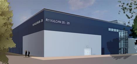 Illustration of the vulcan 20-20 building, which is large and square with grey and blue panelling