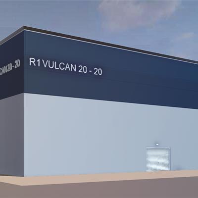 Illustration of the vulcan 20-20 building, which is large and square with grey and blue panelling