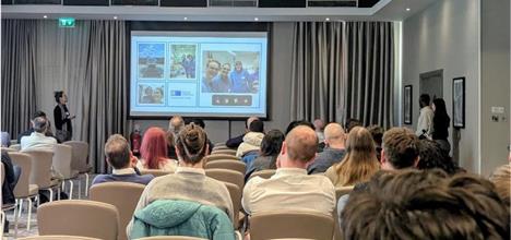 backs of peoples heads facing a presenter speaking with some slides projected on a wall.