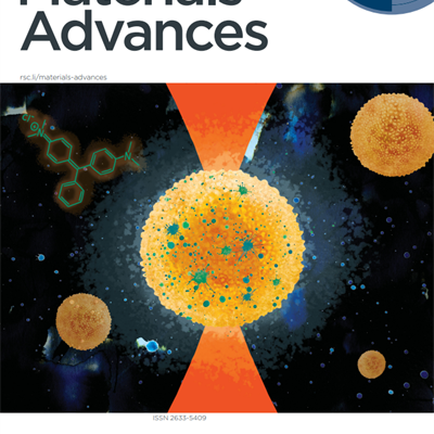 Materials Advances front cover illustrated by Helen Towrie. Shows gold coated particles held between two laser beams