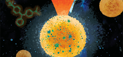 Materials Advances front cover illustrated by Helen Towrie. Shows gold coated particles held between two laser beams