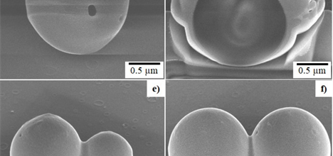 Black and white images of merged and solidified droplets. Top-right is a droplet cut into thin slices with a focussed-ion beam.