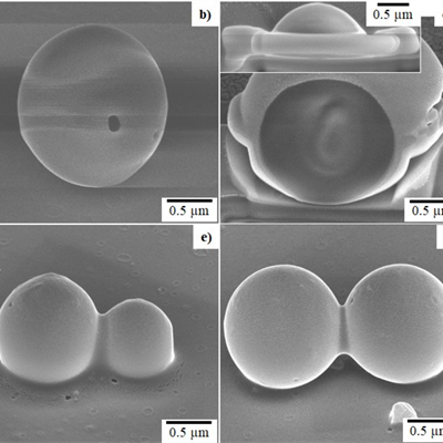 Black and white images of merged and solidified droplets. Top-right is a droplet cut into thin slices with a focussed-ion beam.