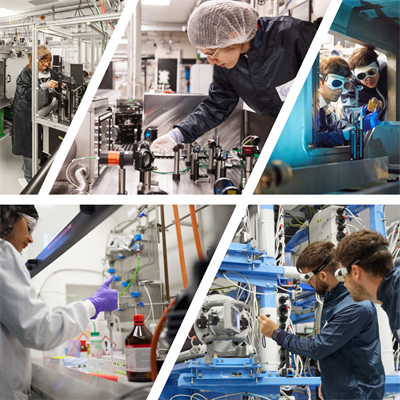 Image collage of various people using the laser laboratory equipment at the CLF.