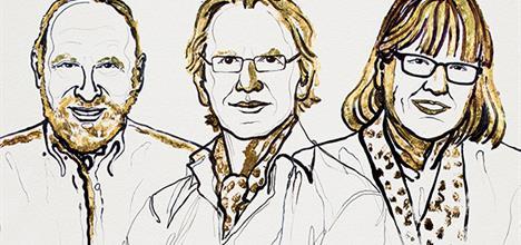 3 black and gold illustrations of Donna Strickland, Gérard Mourou and Arthur Ashkin 