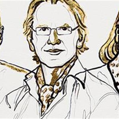 3 black and gold illustrations of Donna Strickland, Gérard Mourou and Arthur Ashkin 