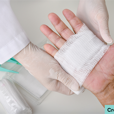 Doctor bandaging a wound on a patient's hand. Credit: Canva