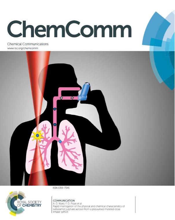 A front cover of ChemComm showing work by the CLF thanks to Optical Tweezers. Pictured is a person using an inhaler.