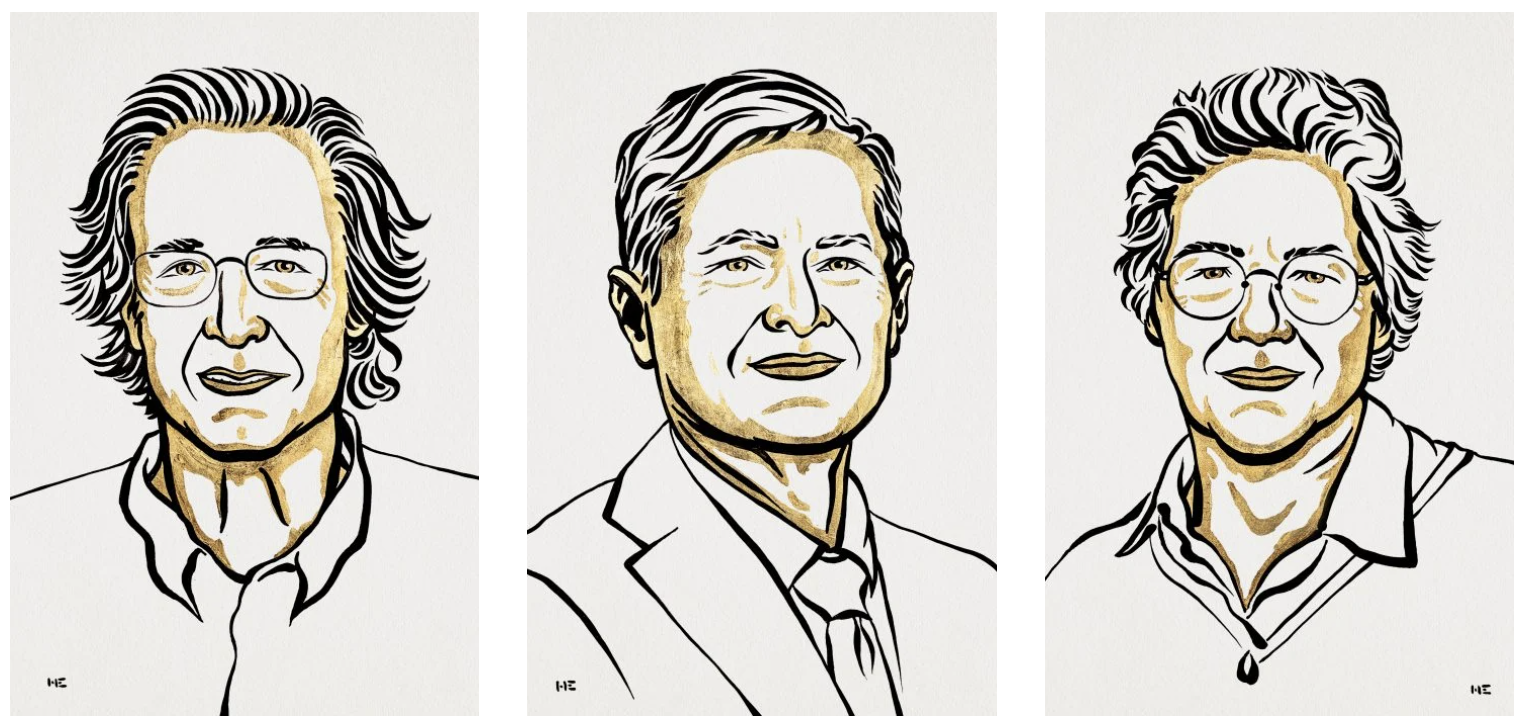 2 portrait blank and gold ink illustrations of the Nobel Prize Winners