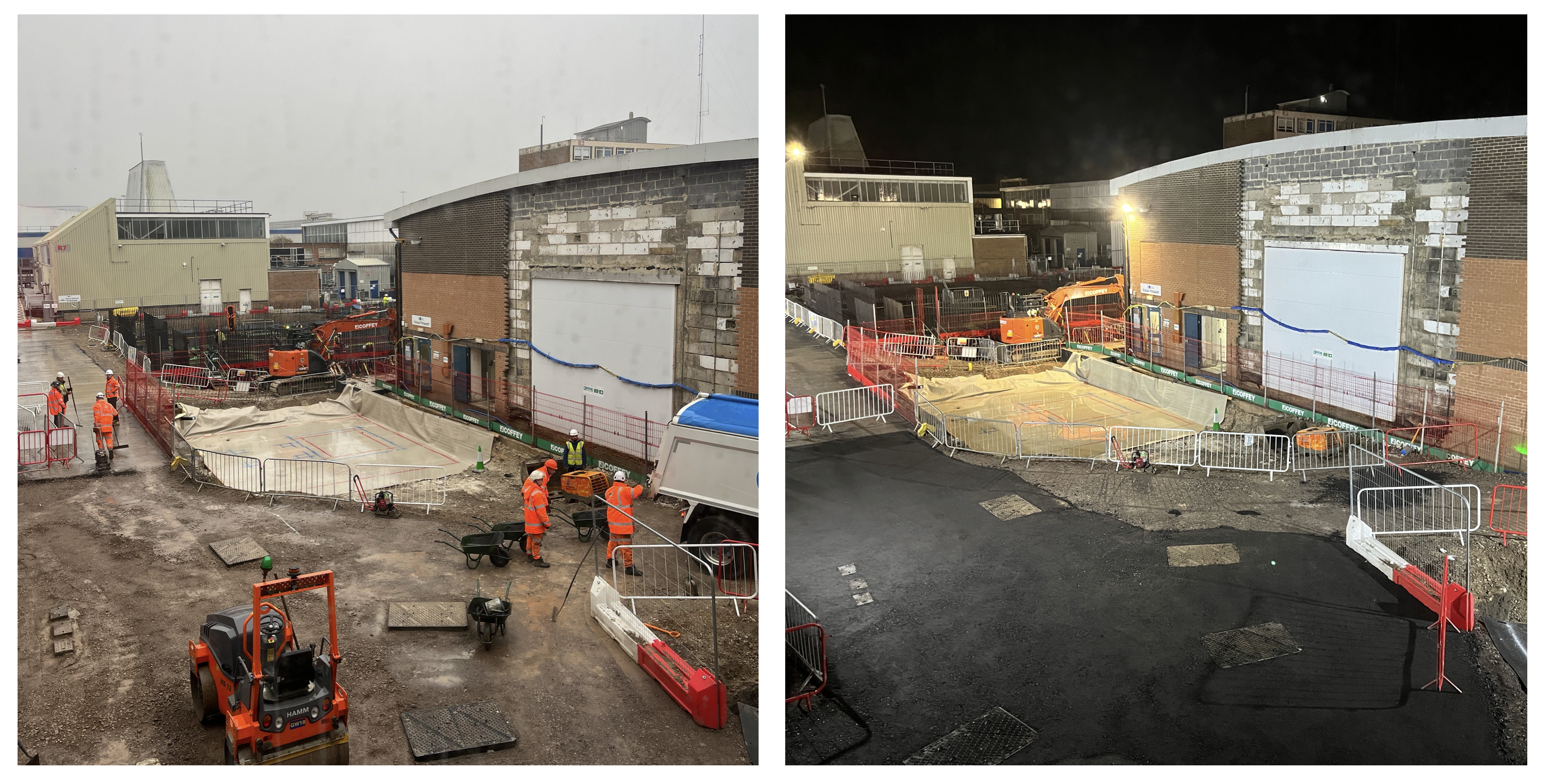 before and after of the building site wherein tarmac has been laid over a large portion of the ground outside Vulcan TAP