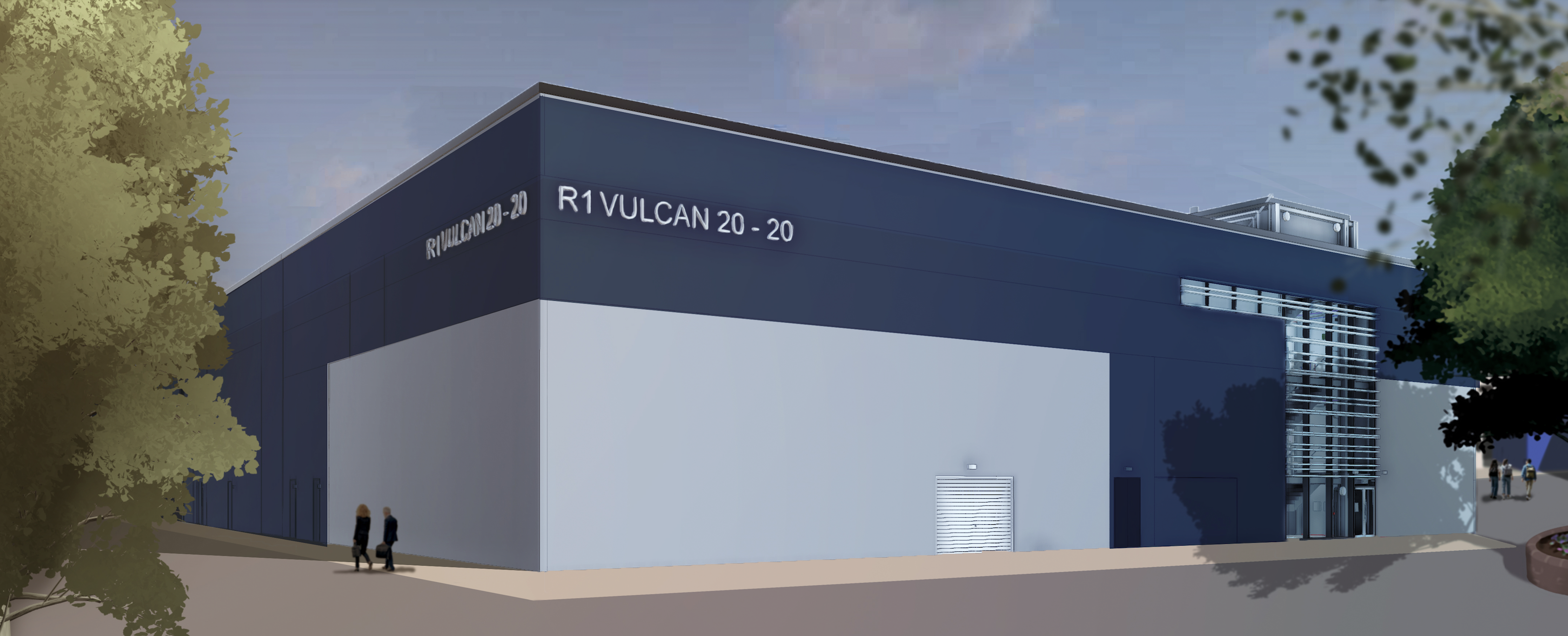 A Large blue and grey panelled building rendered by computer. Silver signage on the sides of the building say "Vulcan 20-20"