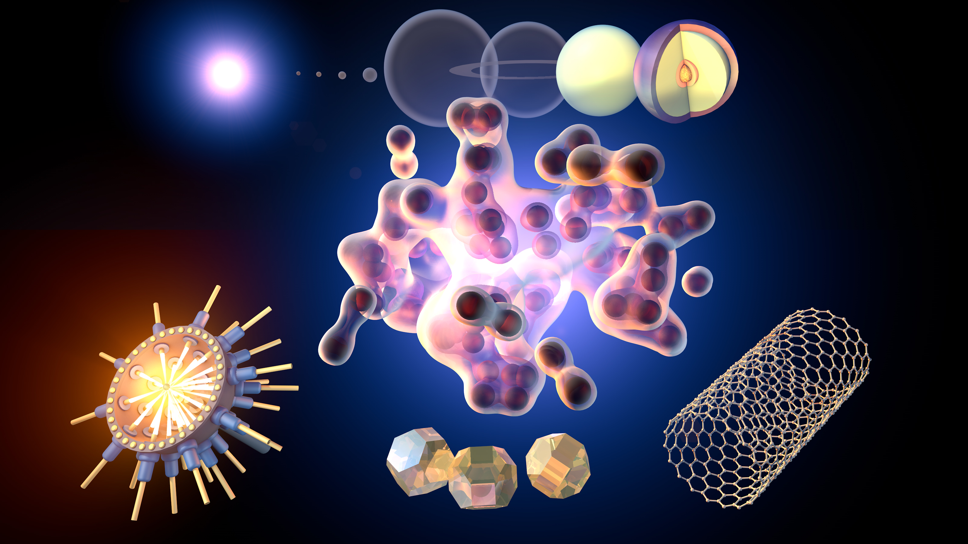 Computerised illustration of Liquid Carbon, solid carbon, a planetary system and laser fusion floating on a blue background.